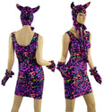 Rainbow Leopard Devil Bonnet, Ruffle Gloves, and Bodycon Tank Dress Set - 1