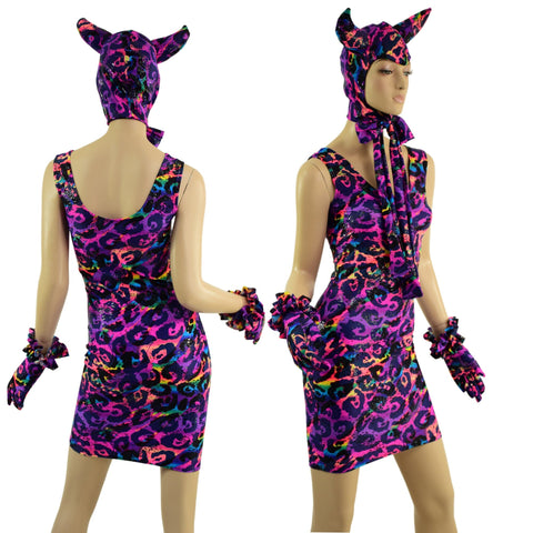 Rainbow Leopard Devil Bonnet, Ruffle Gloves, and Bodycon Tank Dress Set - Coquetry Clothing