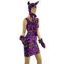 Rainbow Leopard Devil Bonnet, Ruffle Gloves, and Bodycon Tank Dress Set - 5