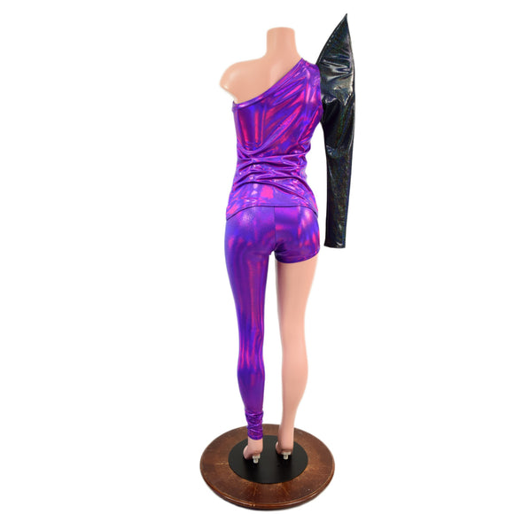 2PC Asymmetrical One Shoulder Top and One Leg Leggings Set