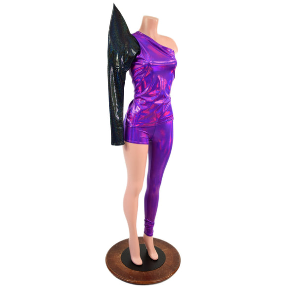 2PC Asymmetrical One Shoulder Top and One Leg Leggings Set
