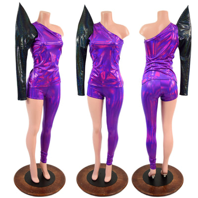 2PC Asymmetrical One Shoulder Top and One Leg Leggings Set