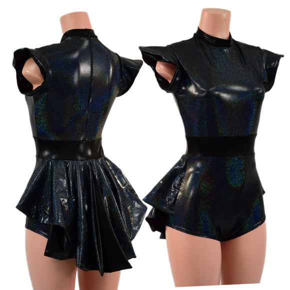 Black Holographic Romper with Mini Tux Back Tails