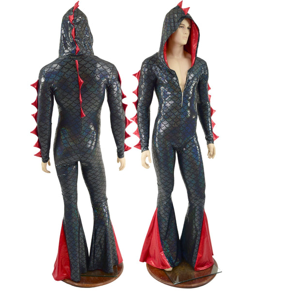 Mens Black and Red Dragon Hooded Zipper Front Catsuit with Added Flair - 1