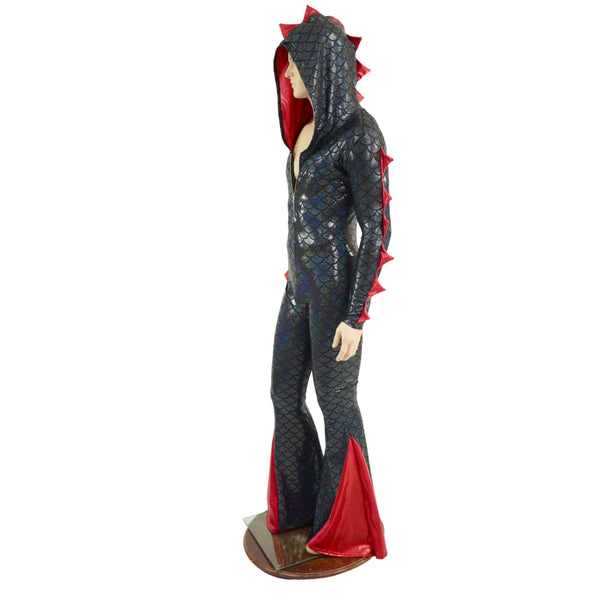 Mens Black and Red Dragon Hooded Zipper Front Catsuit with Added Flair - 6