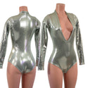 Platinum Metallic Long Sleeve Siren Romper with Plunging V Neckline - 1