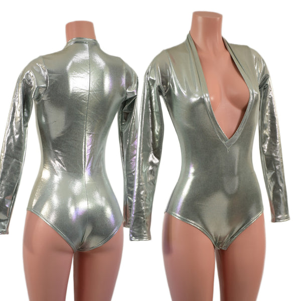 Platinum Metallic Long Sleeve Siren Romper with Plunging V Neckline - 1