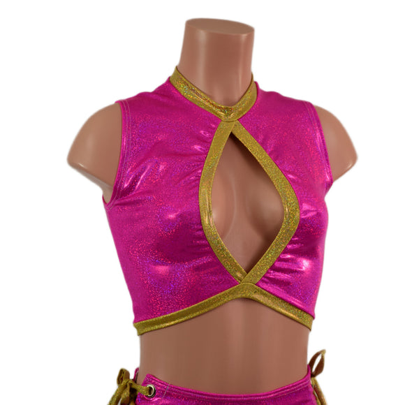 Sleeveless Keyhole Top in Neon Pink Sparkly Jewel