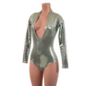 Platinum Metallic Long Sleeve Siren Romper with Plunging V Neckline - 5