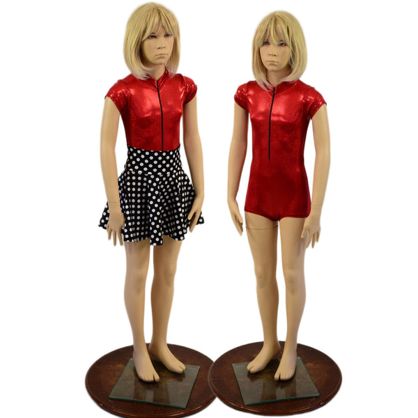 Kids Red Sparkly Romper and Polka Dot Skirt Set - 2