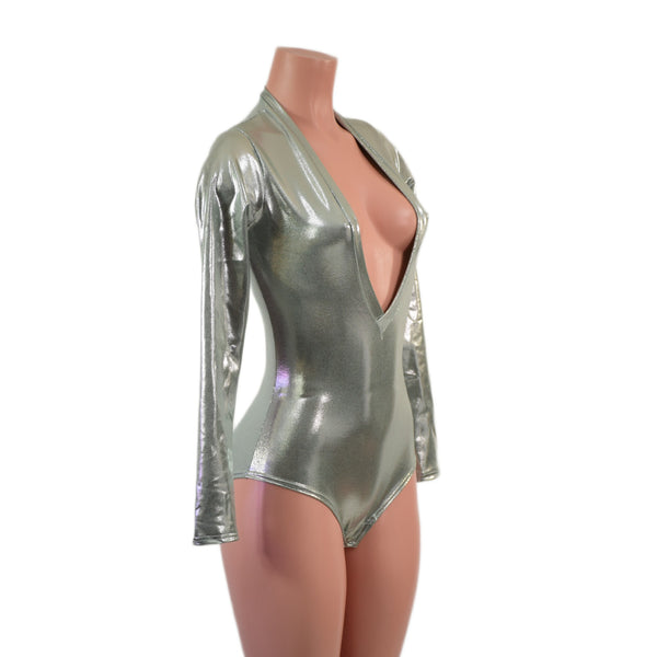 Platinum Metallic Long Sleeve Siren Romper with Plunging V Neckline - 4