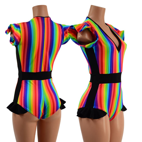 Rainbow Stripe Flip Sleeve Paneled Romper - Coquetry Clothing