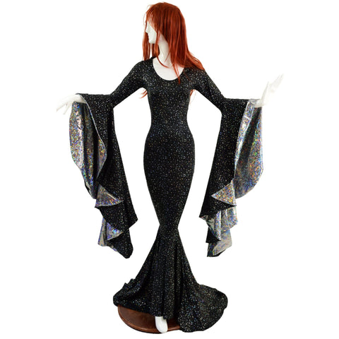 Star Noir Sorceress Sleeve Gown with Scoop Neck and Silver Kaleidoscope Sleeve Linings - Coquetry Clothing