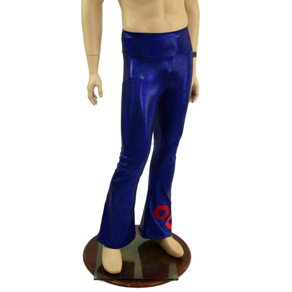 Mens Blue Sparkly Jewel Bootcut Pants with Red Donut Applique - Coquetry Clothing
