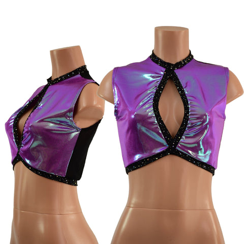 Keyhole Crop Top in Plumeria, with Star Noir Trim and Black Mesh Back - Coquetry Clothing