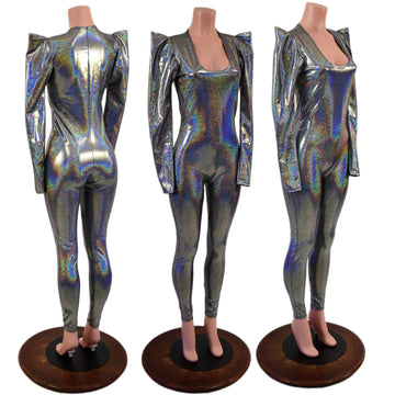 Silver Holographic Sharp Shoulder Catsuit
