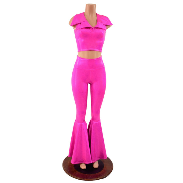 Neon Pink Bell Bottom Flares and Sleeveless Crop Top with Showtime Collar - 3