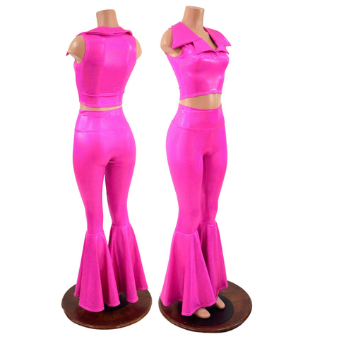Neon Pink Bell Bottom Flares and Sleeveless Crop Top with Showtime Collar - Coquetry Clothing