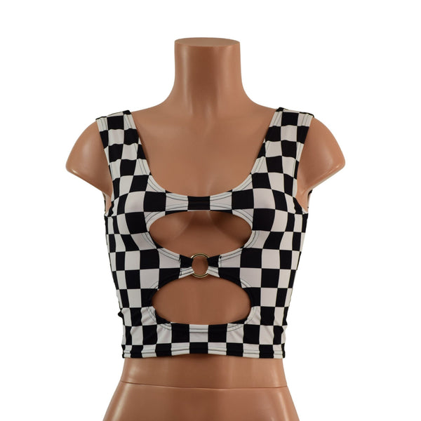 Cutout O-Ring Crop Tank in Black and White Checkered - 4