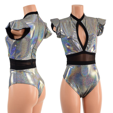 Ready to Ship Silver Holographic Keyhole & Mesh Romper with BRAZILIAN cut leg Medium Coquetry Clothing 