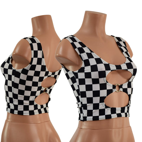 Ready to Ship Cutout O-Ring Crop Tank in Black and White Checkered Medium - Coquetry Clothing