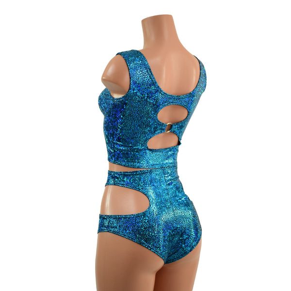 Turquoise Shattered Glass O-Ring Tank Top and Hipnotic High Waist Siren Shorts Set - 3