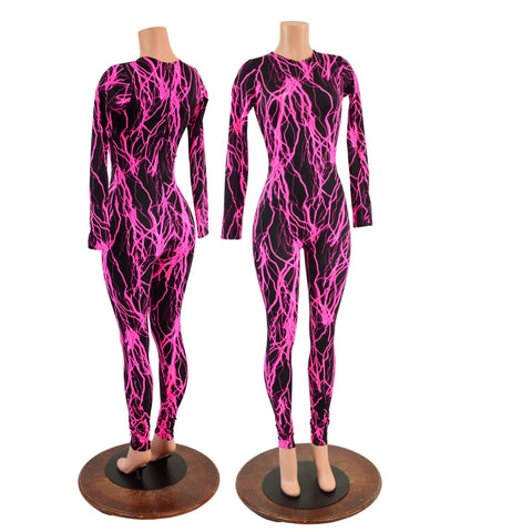 Ready to Ship Pink Lightning Long Sleeve Catsuit with Crew Neck and Back Zipper XS - Coquetry Clothing