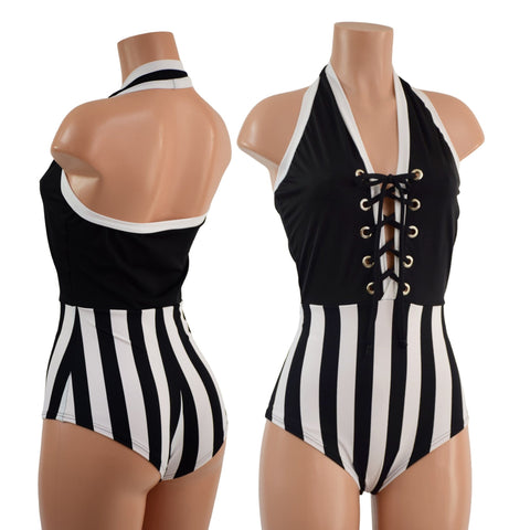 Backless Bella Romper with Laceup Bodice and Siren Cut Leg - Coquetry Clothing