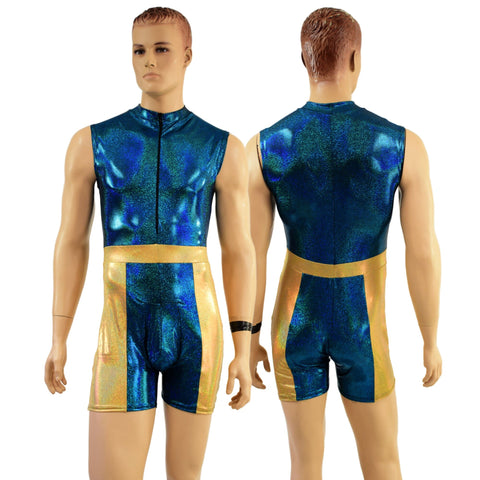 Mens KAPOW Romper in Ocean Sparkle and Gold Sparkly Jewel - Coquetry Clothing