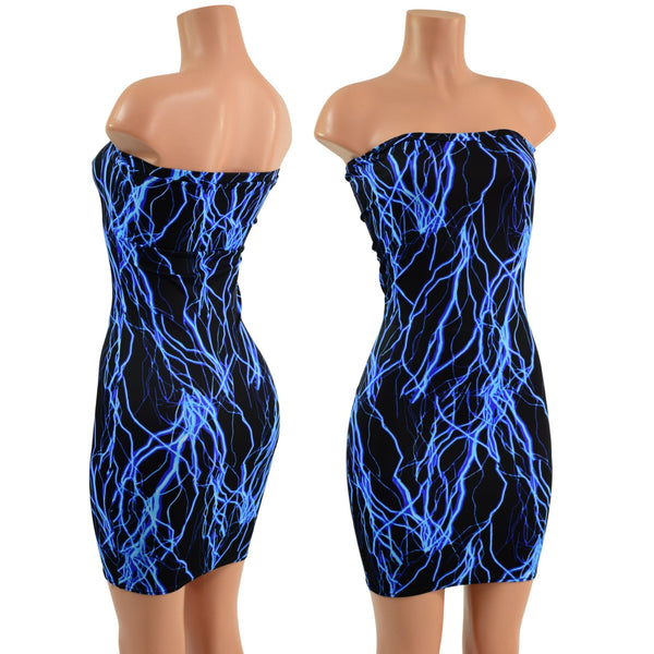 Strapless Neon UV Glow Blue Lightning Print Dress - 1