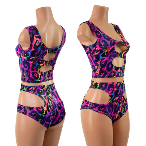 Rainbow Leopard O-Ring Tank Top and Hipnotic High Waist Siren Shorts Set - Coquetry Clothing