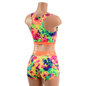 UV Glow Acid Splash Racerback Crop and Midrise Shorts with Neon Orange Sparkly Trim - 2