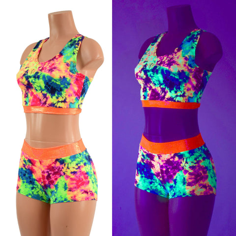 UV Glow Acid Splash Racerback Crop and Midrise Shorts with Neon Orange Sparkly Trim - Coquetry Clothing