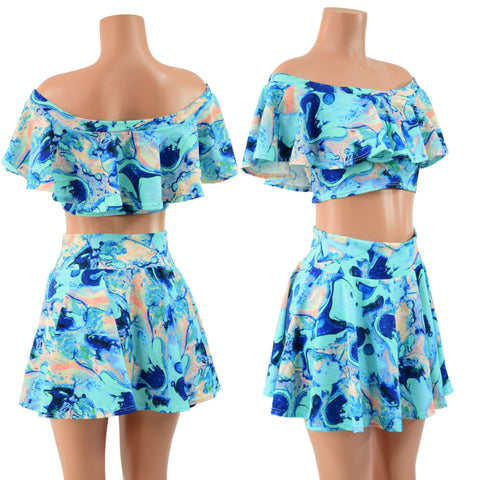 Off Shoulder Ruffled Crop and 15" Circle Cut Mini Skirt in Lapis Lagoon - Coquetry Clothing