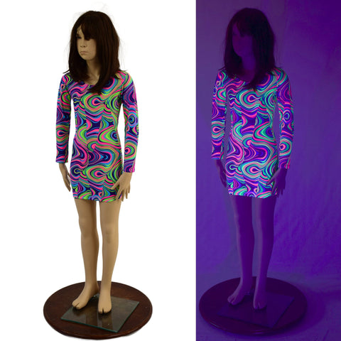 Girls Neon Glow Worm Mini Dress with Long Sleeves - Coquetry Clothing