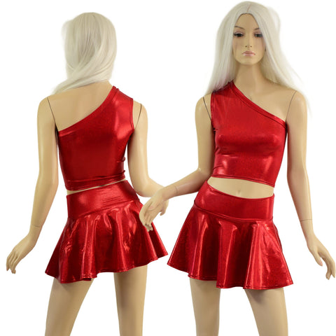 Red Sparkly Crop Top & Circle Cut Skirt Set - Coquetry Clothing