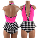Bella Romper with Ruffle Rump in Black and White Diamonds and Pink Mesh - 1