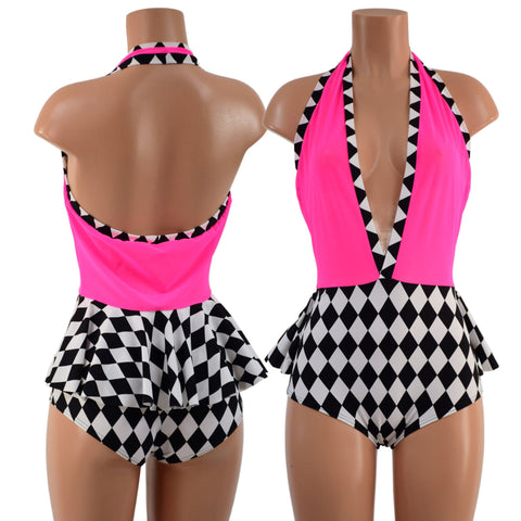 Bella Romper with Ruffle Rump in Black and White Diamonds and Pink Mesh - Coquetry Clothing