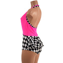 Bella Romper with Ruffle Rump in Black and White Diamonds and Pink Mesh - 3