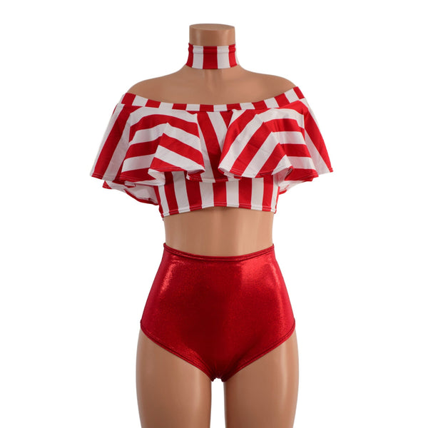 3PC Red and White Striped Top, Choker, and Siren Shorts Set - 2
