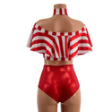 3PC Red and White Striped Top, Choker, and Siren Shorts Set - 4