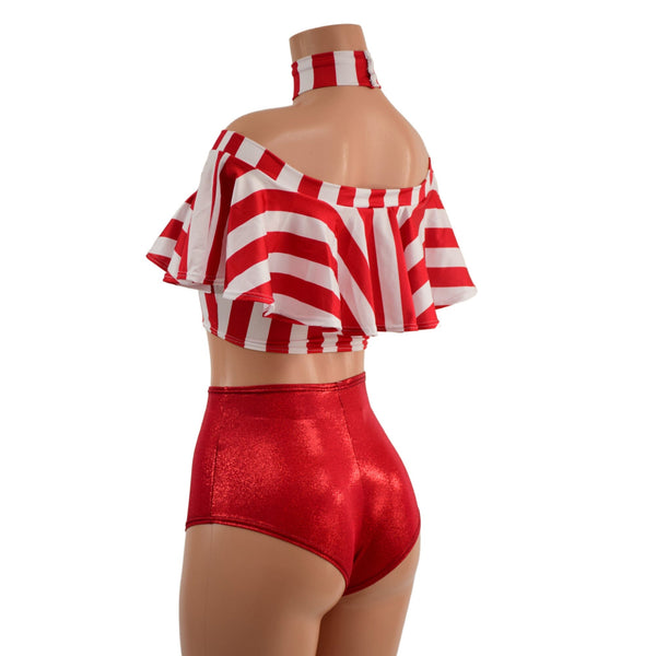 3PC Red and White Striped Top, Choker, and Siren Shorts Set - 5