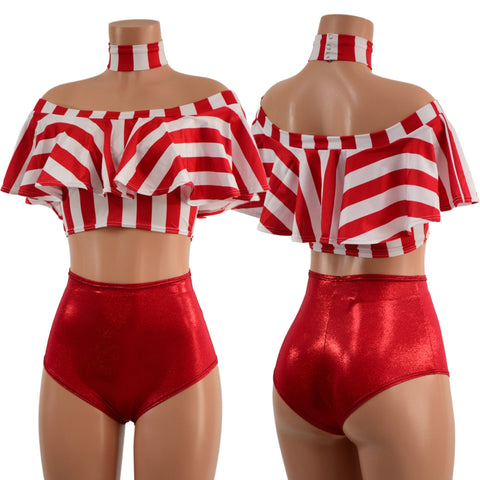 3PC Red and White Striped Top, Choker, and Siren Shorts Set - Coquetry Clothing