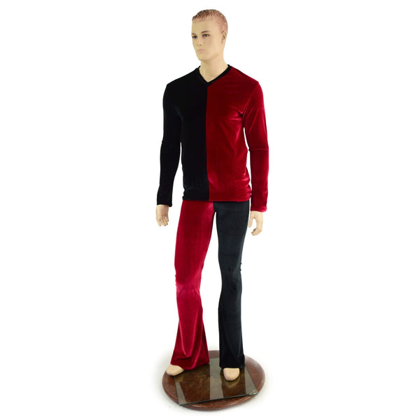 Mens Red and Black Harlequin Velvet Bootcut Pants and Shirt Set - 2