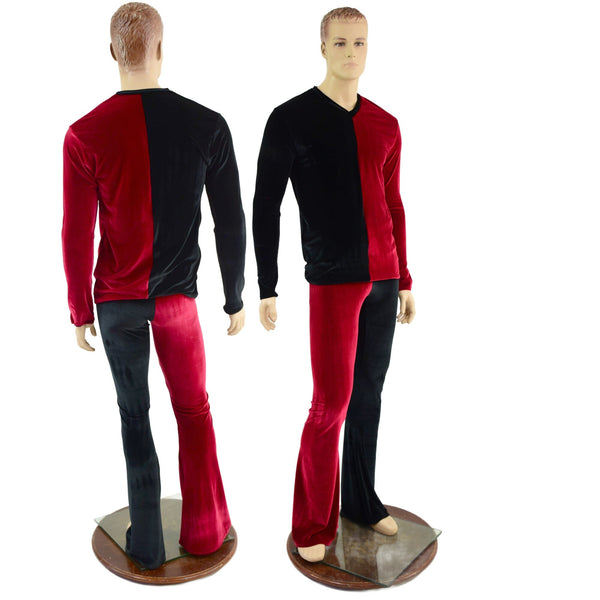 Mens Red and Black Harlequin Velvet Bootcut Pants and Shirt Set - 1