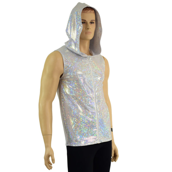 Mens White Kaleidoscope Hooded Vest with Zipper Front - 3