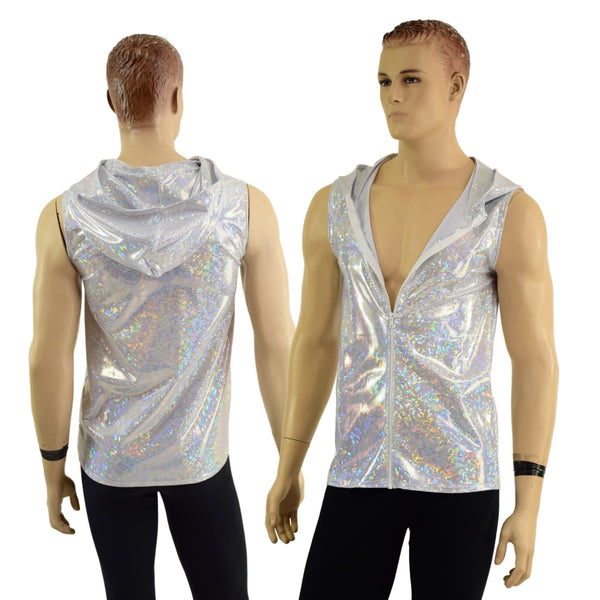 Mens White Kaleidoscope Hooded Vest with Zipper Front - 1