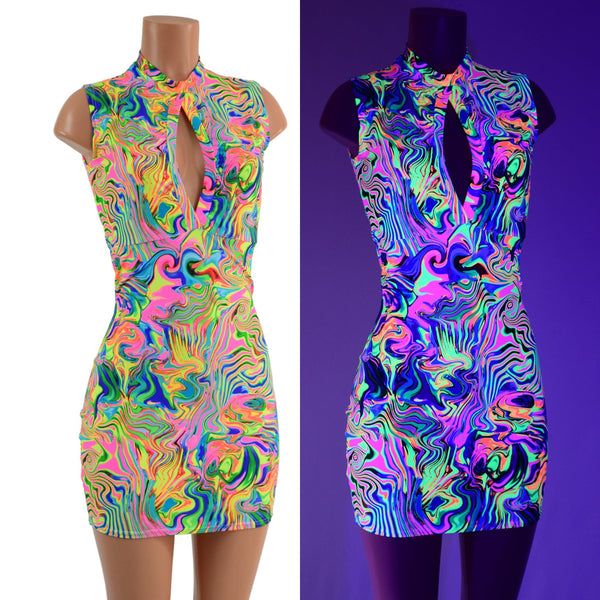 Neon Flux Bodycon Sleeveless Dress with Keyhole Neckline and Back Zipper - 1