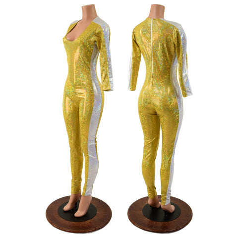 Gold Kaleidoscope Catsuit with Contrast Sleeve Stripes and Side Panels - Coquetry Clothing