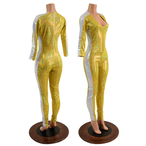Gold Kaleidoscope Catsuit with Contrast Sleeve Stripes and Side Panels - 2